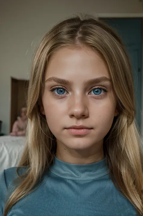 (12-year-old girl) hyperrealistic, photorealistic, (yoga pants) (blond hair) (blue eyes) (pale skin), very Cute, full body, baby face, Perfect face, high real face, sociable girl. long hair.  ((detailed face)), ((detailed facial features)), (finely detaile...