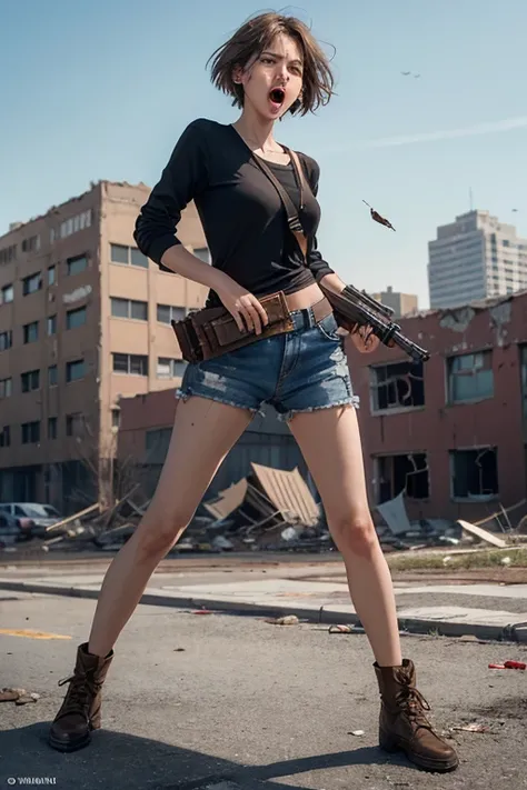 masterpiece, highest quality,1 girl,brown hair, short hair, (semi shot, open mouth, angry face), ((abandoned building, trash on ground, weapon, point a pistol at viewer))