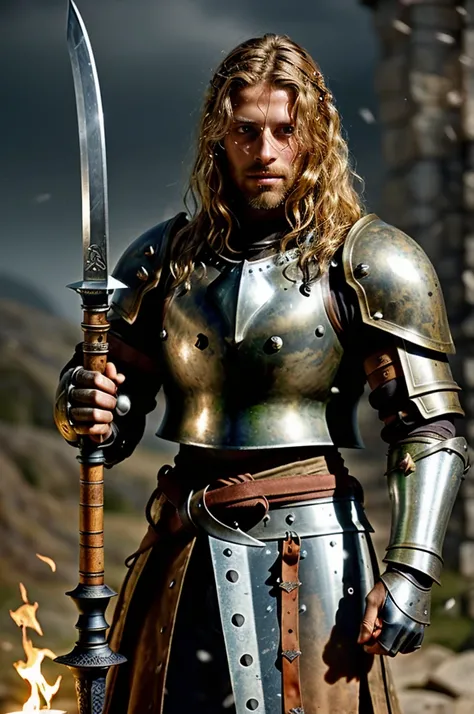 1man muscular athletic medieval knight in realistic historically accurate rusty dusty scratched battered metal armor,  (holding 1sword:1.1), intricate sword handle, elegant , hair in (blowing wind:1.1), sweat, looking at viewer,  intricate details, goosebu...