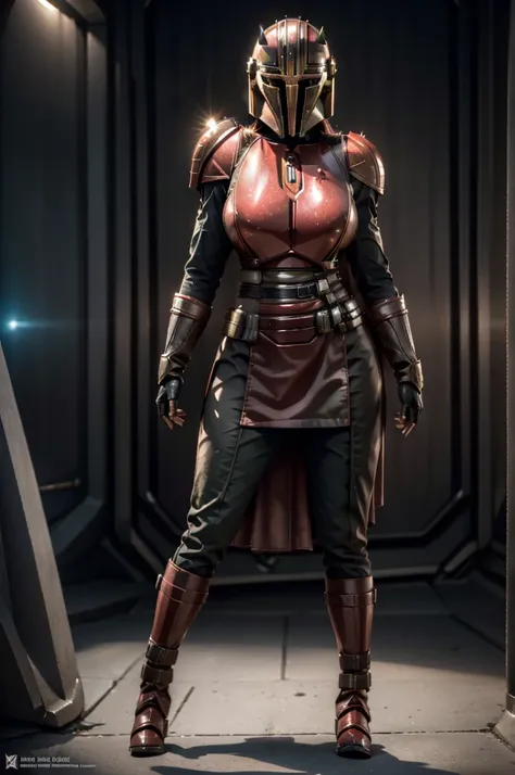 human, female, "pale white skin", "short red hair", "green eyes", "black mandalorian armor", full body pose,