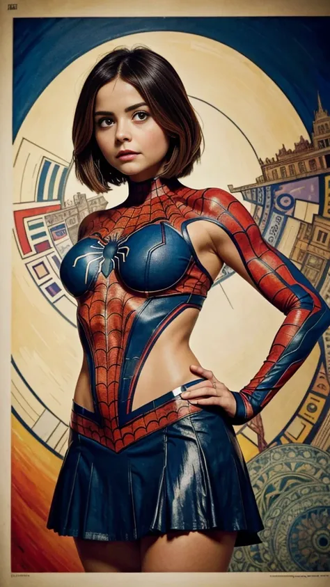 Jenna Louise Coleman、Sticking out the navel、newyork、She wears a torn Spider-Man suit,wearing a skirt、abstract photorealistic、artistic、Alphonse Muchas painting(masterpiece、highest quality、High resolution:1.4)、detailed、複雑なdetailed、In 4K、color splash、line dra...