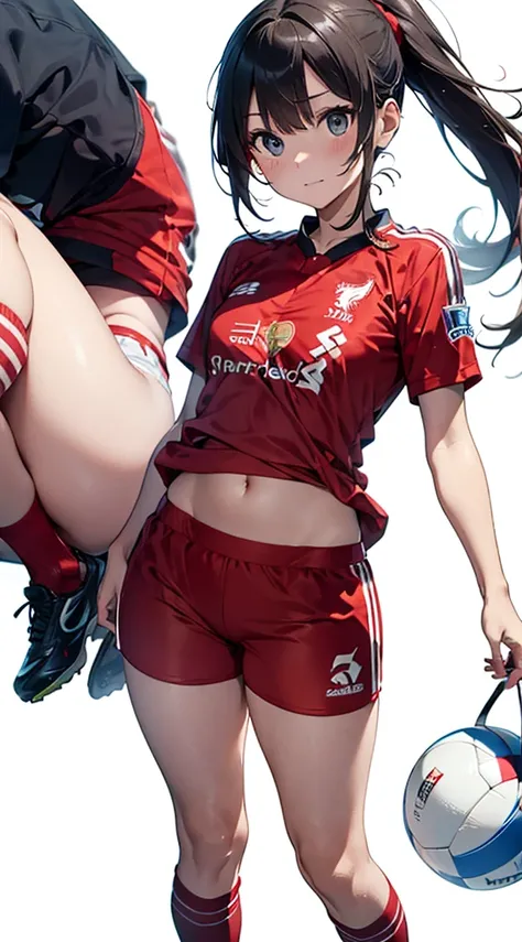 Liverpool football jersey(faithfully),pure white world、pure white background、one girl,full body standing、football jersey、red jersey、ponytail、Liverpool jersey,slender and soft body、red socks&red pants, very short pants,