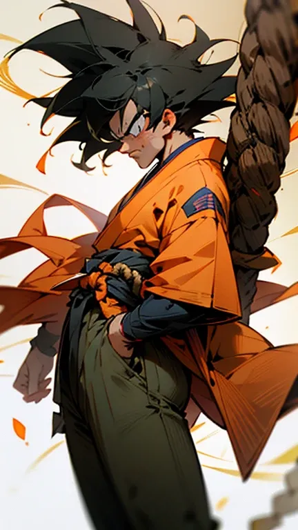 son Goku,Goku face,black orange kimono,hand cross,fuzzy background,angry expression,cartoon,rope tied on his waist, masterpiece,8k resolution , muscular