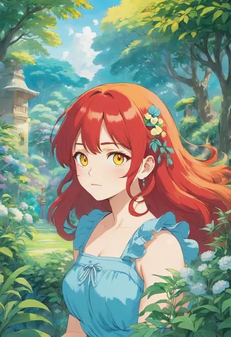 Little, wearing a fluffy blue dress, yellow eyes and red hair, In the style of a tranquil garden landscape, animated color photo, masami teraoka, Aquamarine, Paulo Gauguin, embry style, honest portrait,Girl undressed and raped