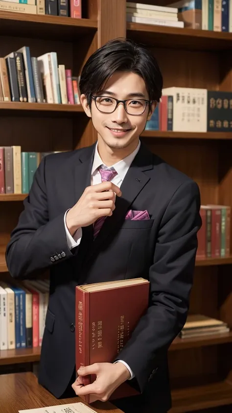 japanese man、Thin macho、Bewitching、intellectual、long sleeve、Berry Short、Business Casual、black inner、bookshelf、glasses、smile、refreshing