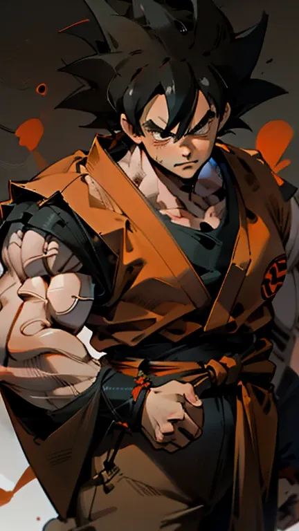 son goku,goku face,black orange kimono,hand cross,fuzzy background,angry expression,cartoon,rope tied on his waist, masterpiece,...