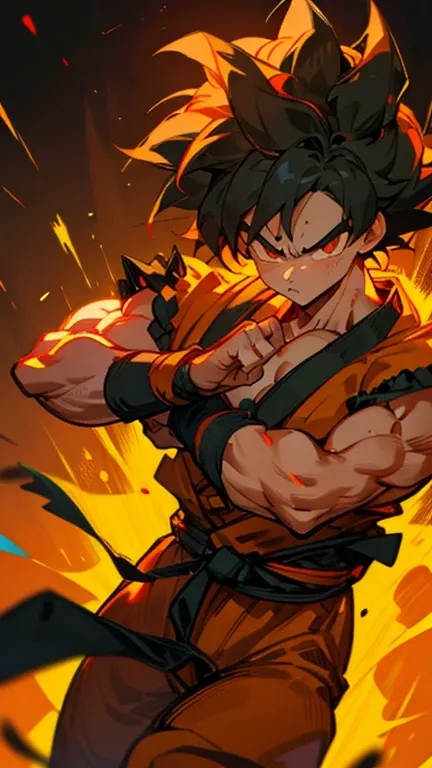 son Goku,Goku face,black orange kimono,hand cross,fuzzy background,angry expression,cartoon,rope tied on his waist, masterpiece,8k resolution , muscular