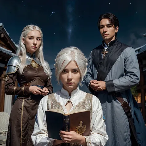 Female gender, white hair (short), brown skin, night sky eyes (a little dark), beautiful face, noble clothes, background is a noble house, she is accompanied by 3 servants behind her One is a woman holding a magic book, the other is a man holding a holy sw...