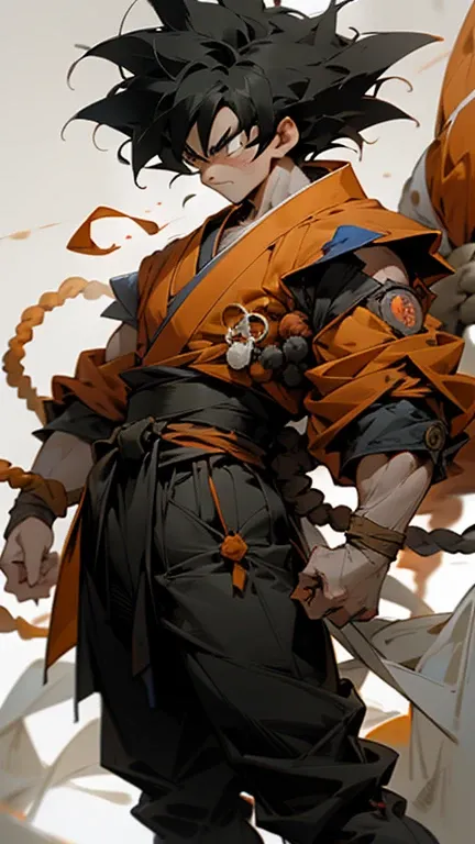 son Goku,Goku face,black orange kimono,hand cross,fuzzy background,angry expression,cartoon,rope tied on his waist, masterpiece,8k resolution , muscular