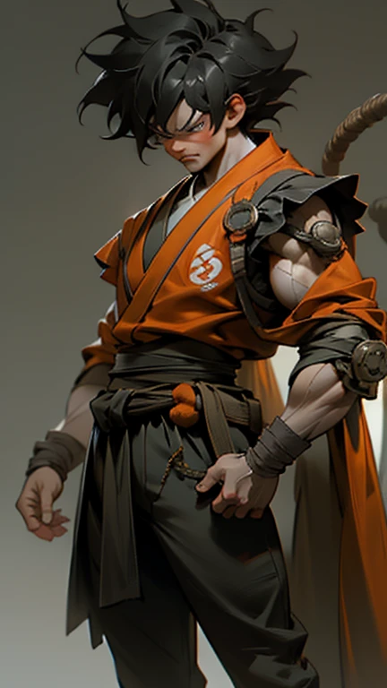 son Goku,Goku face,black orange kimono,hand cross,fuzzy background,angry expression,cartoon,rope tied on his waist, masterpiece,8k resolution , muscular