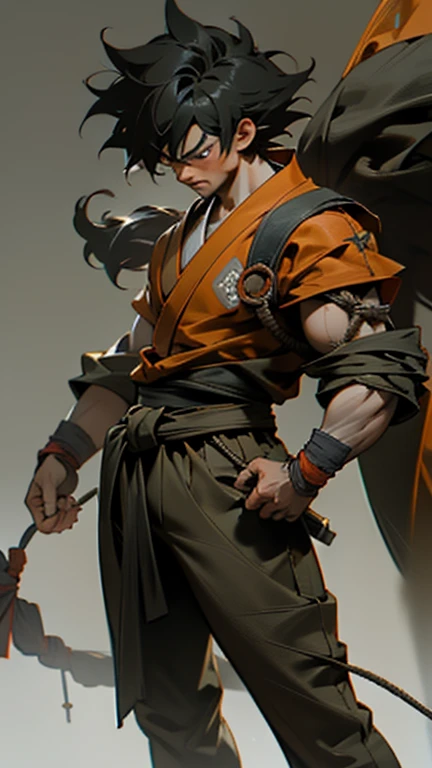 son Goku,Goku face,black orange kimono,hand cross,fuzzy background,angry expression,cartoon,rope tied on his waist, masterpiece,8k resolution , muscular