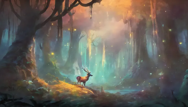 （enchanted forest)，Magical creatures，（Luminous mushrooms），Shining waterfalls，fantasy，Leonora Carrington，a fantasy forest，Hazy perspective，sunlight filtering through the foliage，（Shining sika deer），colorful，assignment，light and shadow effects，khd，master pie...