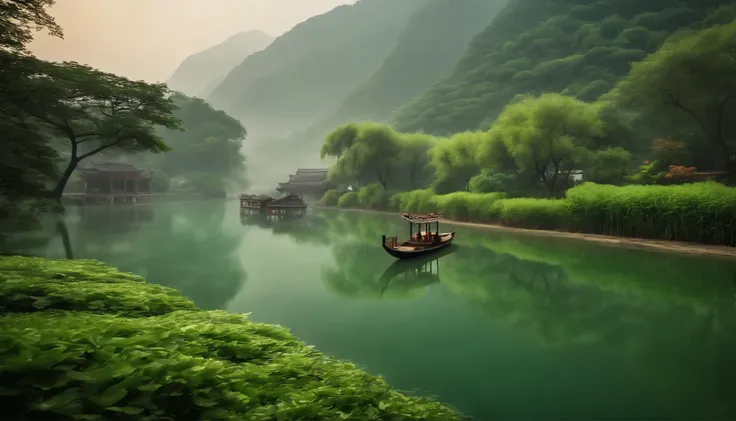 (masterpiece:1.5), highly detailed, ultra-detailed, picturesque Jiangnan scenery with crystal clear and shimmering emerald green river, gently swaying small boat, wet brick stone path amid misty drizzle, drifting down the poetic Taihu Lake with raindrop ri...