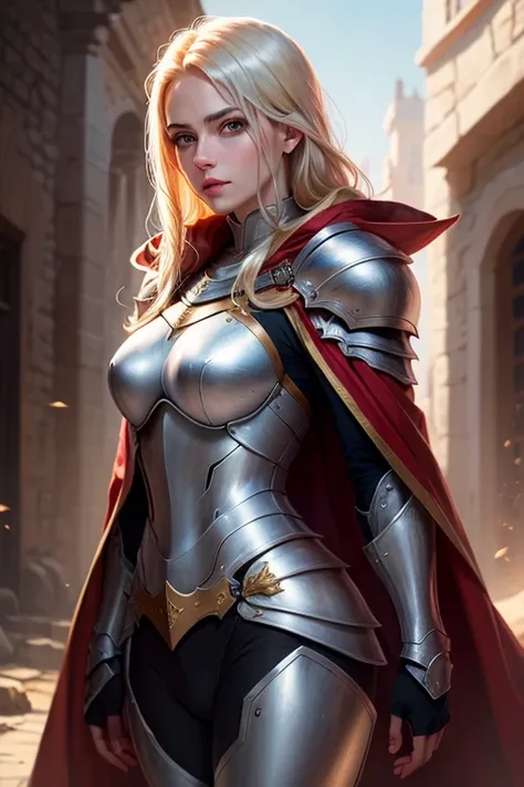 8k, expressive clothing, expressive hair, expressive background, 1 female, blonde hair, red eyes, golden armor, knight mantle, black cloak, silver pants, knight