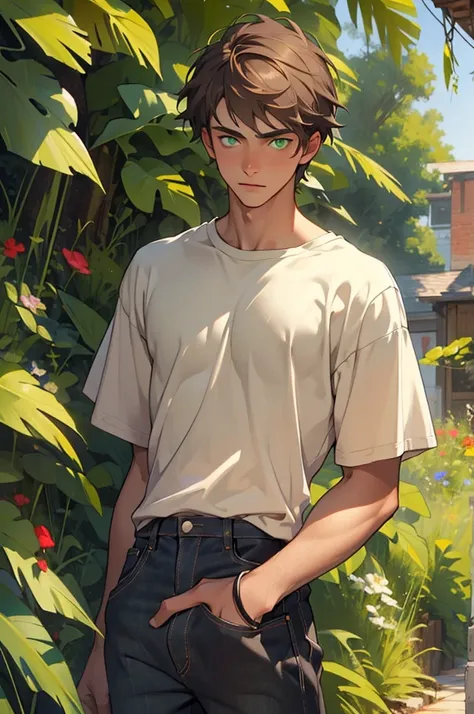 ((best quality)), ((masterpiece), portrait of an eighteen year old man, tall and slim, with (green eyes), brown hair, gray t-shirt and black jean pants