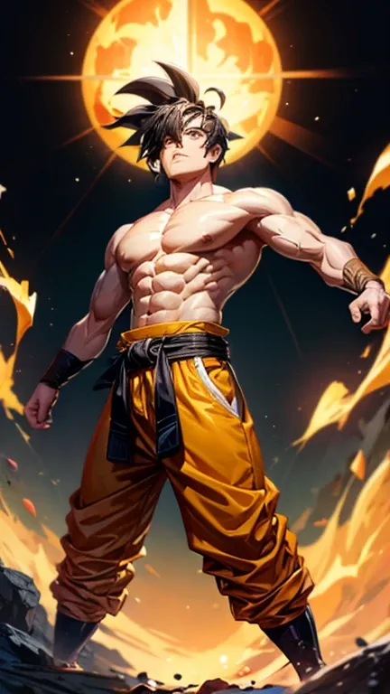 son Goku,Goku face,black orange kimono,hand cross,fuzzy background,angry expression,cartoon,rope tied on his waist, masterpiece,8k resolution , muscular