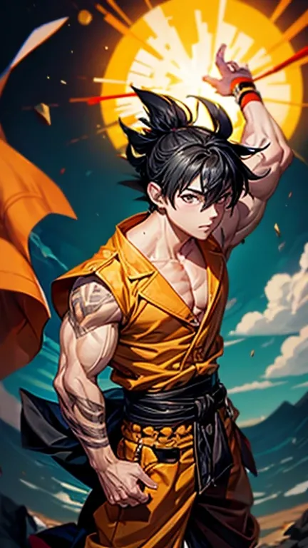 son Goku,Goku face,black orange kimono,hand cross,fuzzy background,angry expression,cartoon,rope tied on his waist, masterpiece,8k resolution , muscular