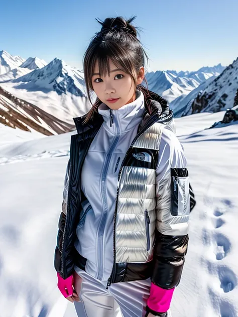 very detailed、masterpiece、(snow mountain background):1.3、a woman in a (white down vest at northface):1.4, white puffer vest and black pants posing for a picture, model is wearing techtical vest, sportswear, sportswear, かわいいsportswear, nanocarbon-vest, whit...