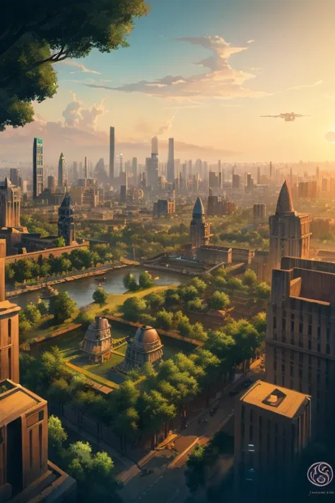 a digital painting of a city surrounded by trees, a matte painting, jormungand anime, aerial view of an ancient land, city of towers, advanced digital anime art ”