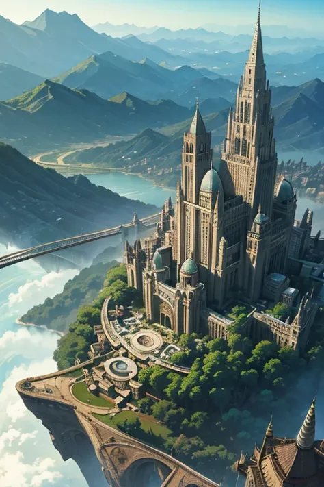 a digital painting of a city surrounded by trees, a matte painting, jormungand anime, aerial view of an ancient land, city of towers, advanced digital anime art ”