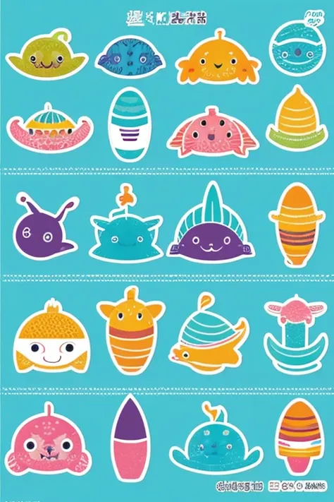 "Design a cute sea life themed Line stamp。I need 5 stamps、Make sure each one has a different expression or pose。Expressing adventures in the sea and fun moments with friends.、Design it to give it a retro feel.。Stamp size is 300x300 pixels、Please provide in...