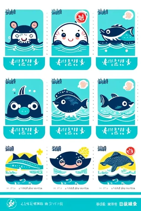 "Design a cute sea life themed Line stamp。I need 5 stamps、Make sure each one has a different expression or pose。Expressing adventures in the sea and fun moments with friends.、Design it to give it a retro feel.。Stamp size is 300x300 pixels、Please provide in...