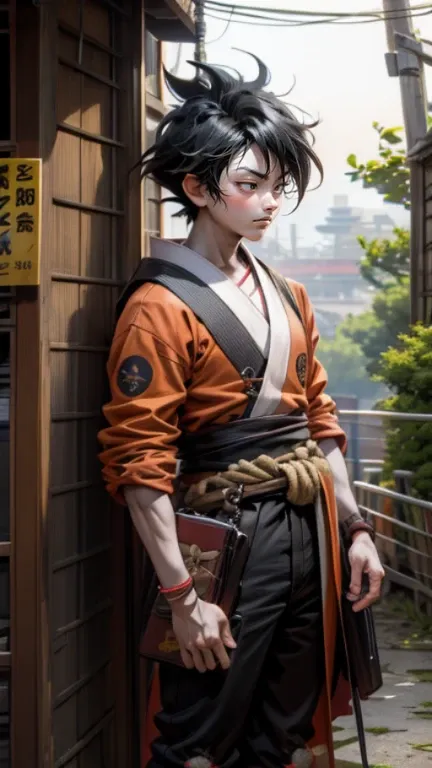 son goku,goku face,black orange kimono,hand cross,fuzzy background,angry expression,cartoon,rope tied on his waist, masterpiece,...