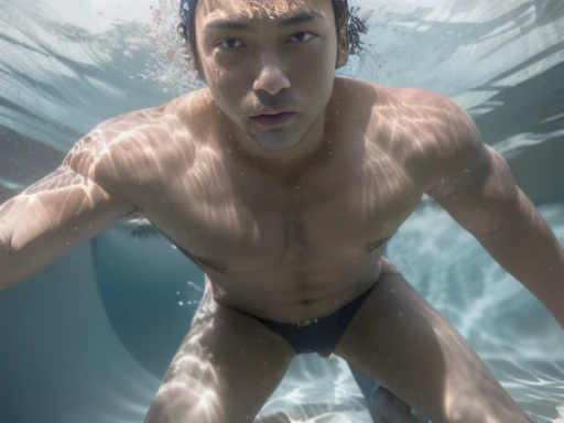 Full body image of a Japanese man、A drama in which a Japanese male swimming club member is found dead..、A drama in which a Japanese lifesaver is found dead.、A drama in which a Japanese male university student playing water polo is found dead.、tanned shaved...