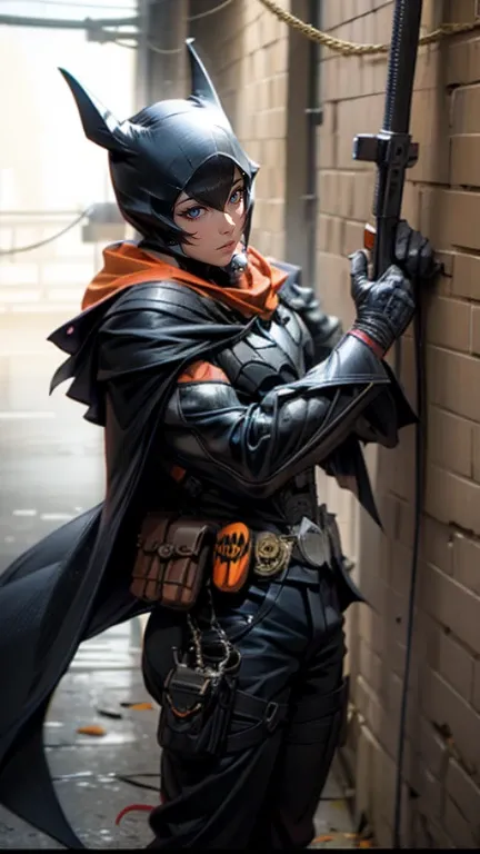 Batman, Batman face,black orange kimono,hand cross,fuzzy background,angry expression,cartoon,rope tied on his waist, masterpiece,8k resolution , muscular