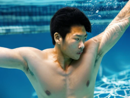 Full body image of a Japanese man、A drama in which a Japanese male swimming club member is found dead..、A drama in which a Japanese lifesaver is found dead.、A drama in which a Japanese male university student playing water polo is found dead.、tanned shaved...