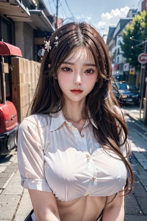 ((highest quality, 8K, masterpiece :1.3)), sharp focus :1.2, beautiful woman with perfect figure :1.4, thin abs :1.2, ((dark brown hair, big breasts :1.2)), (white button up long shirt :1.1), city street:1.2, Highly detailed face and skin texture, fine eye...