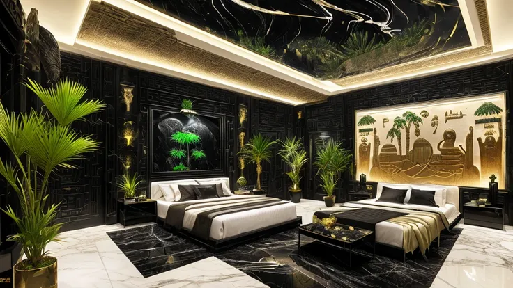 Incredible black luxury futuristic bedroom interior in egyptian style ((green々plant)) (Lotus flower), ((Palm tree)), paredes rochosas, (sand), (waterfalls) (marble), ((Valuable minerals)), ((Metal)), (gem), crystallization, clouds and (water), crocodile, (...