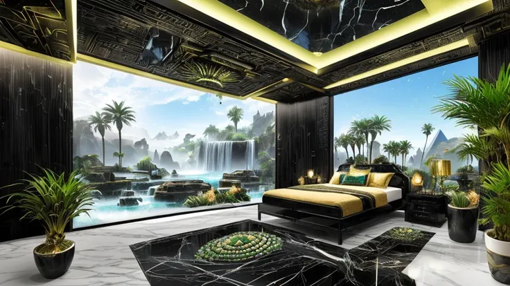 Incredible black luxury futuristic bedroom interior in egyptian style ((green々plant)) (Lotus flower), ((Palm tree)), paredes rochosas, (sand), (waterfalls) (marble), ((Valuable minerals)), ((Metal)), (gem), crystallization, clouds and (water), , ((hierogly...