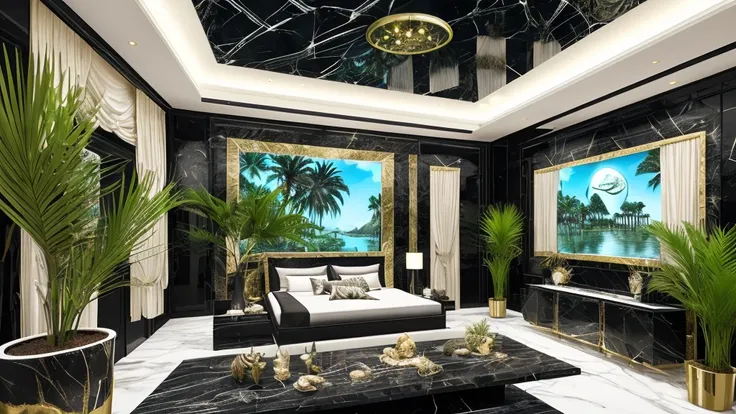 Incredible black luxury futuristic bedroom interior in egyptian style ((green々plant)) (Lotus flower), ((Palm tree)), paredes rochosas, (sand), (waterfalls) (marble), ((Valuable minerals)), ((Metal)), (gem), crystallization, clouds and (water), , , (((Super...