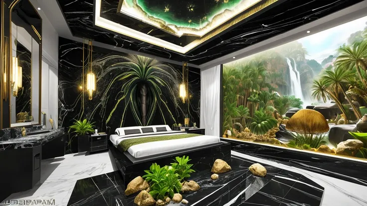 Incredible black luxury futuristic bedroom interior in egyptian style ((green々plant)) (Lotus flower), ((Palm tree)), paredes rochosas, (sand), (waterfalls) (marble), ((Valuable minerals)), ((Metal)), (gem), crystallization, clouds and (water), With bath, J...