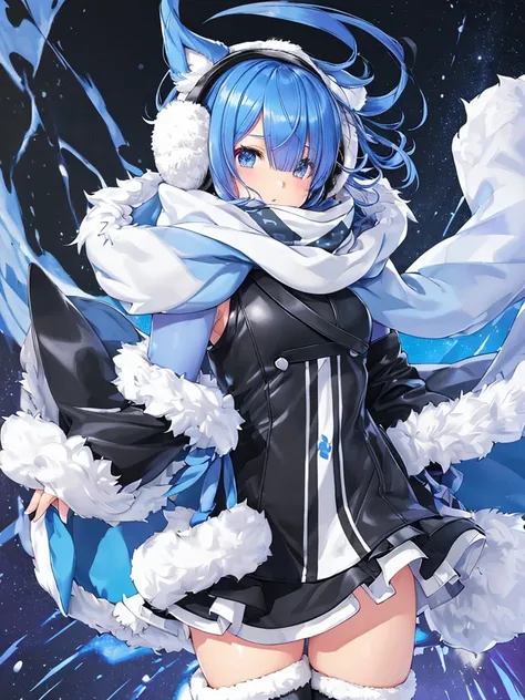 masterpiece, best quality, ultra detailed, ,rem,Re:zero,blue hair,short hair, (wearing a black coat over a white
tank top), (open coat), (tight leather
black mini skirt), (floating scarf),
(Nordic patterned winter scarf),
((Covers both ears with fluffy whi...