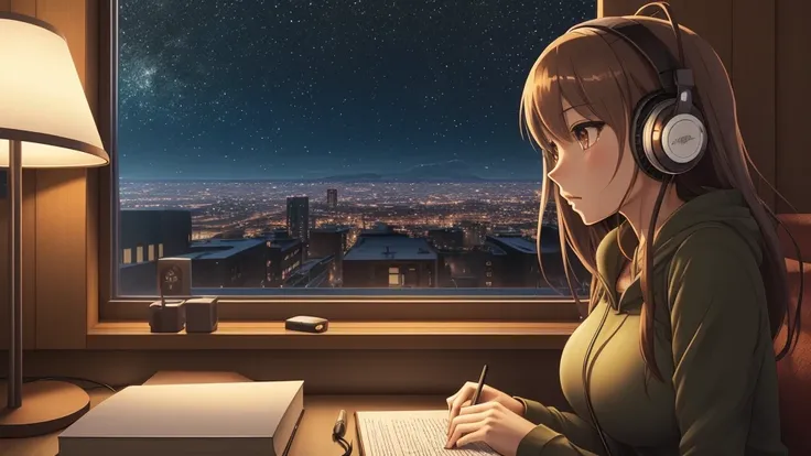 Anime girl in the room wearing headphones, In the style of a realistic and highly detailed portrait, Cabin Core, earth color, Ambitious, dino punk, bold, Manga style characters,large breasts with good shape,dim room,Glittering night view from the window,li...