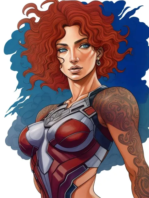 um desenho de uma mulher ruiva e uma tatuagem no peito, desenho colorido de alta qualidade, by José Comas Quesada, inspired by José Comas Quesada, wearing witch blade armor, full body retrato de jean grey, moebius + artegerm, retrato de jean grey, personag...