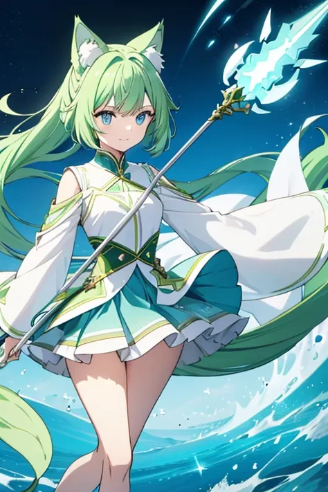 woman with long light green hair cat ears, long fluffy tail use the power of the wind element uses a long spear, has a playful p...