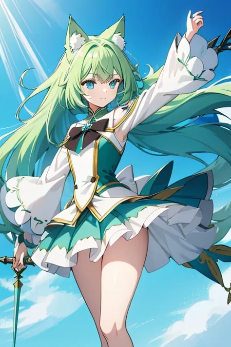 woman with long light green hair cat ears, long fluffy tail use the power of the wind element uses a long spear, has a playful p...