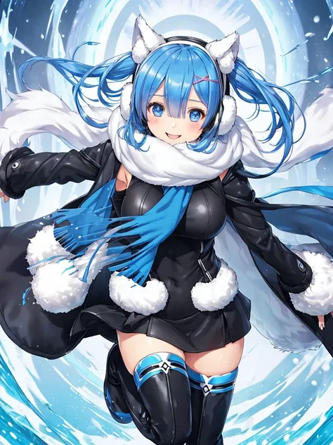 Rem,Re:zero,blue hair,short hair, (wearing a black coat over a white tank top), (open coat), (tight leather black miniskirt), (floating scarf),(1 girl),(smile),
(nordic pattern winter scarf),
((Both ears are covered with fluffy white fur,
fluffy earmuffs))...