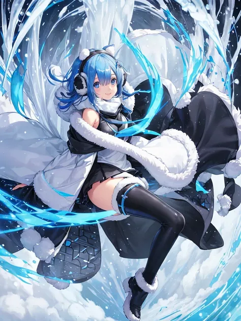 Rem,Re:zero,blue hair,short hair, (wearing a black coat over a white tank top), (open coat), (tight leather black miniskirt), (floating scarf),(1 girl),(smile),
(nordic pattern winter scarf),
((Both ears are covered with fluffy white fur,
fluffy earmuffs))...