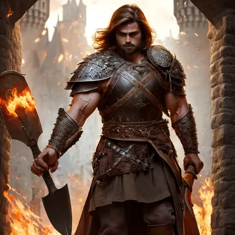 A powerful and fierce warrior, muscular man with protruding pectorals, no helmet, medium-length brown hair, short beard, armed with an ax and an ornate shield, heroic-fantasy atmosphere, realistic photo, full body view, medieval castle decor in flame