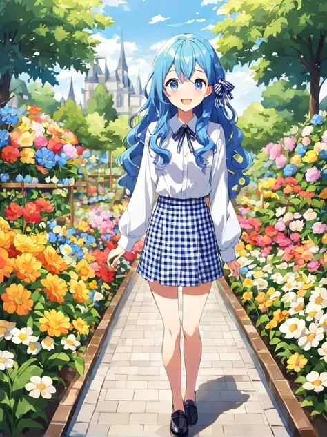 1 girl,
teenager,
long hair,
side braid,
blue hair,
silky hair,
wavy hair,
glossy,
pleased,
short,slender,glamorous,
standing,
blouse,checkered mini skirt,
loafers,
checked gingham,
hair ribbon,
outside,
flower garden,
front view,