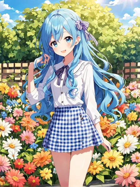 1 girl,
teenager,
long hair,
side braid,
blue hair,
silky hair,
wavy hair,
glossy,
pleased,
short,slender,glamorous,
standing,
blouse,checkered mini skirt,
loafers,
checked gingham,
hair ribbon,
outside,
flower garden,
front view,