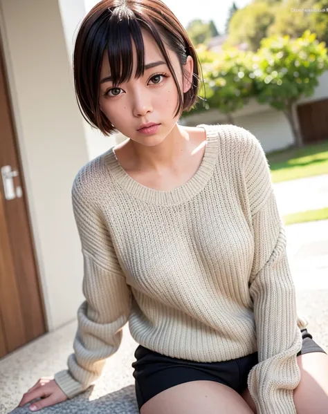 Nikon RAW photo,8k, Fujifilm XT3,masterpiece, highest quality, realistic, photorealistic, Super detailed,1 girl,NVSHEN, sweater, short hair,