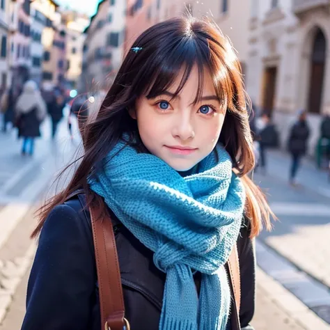 beautiful, chinese, girl, cat walking, wearing coloured winter clothes, rome, blue scarf, glowing eyes, blushing, wearing tights