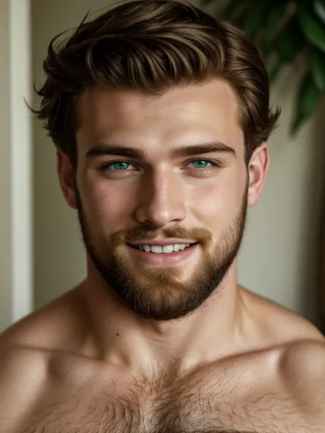 Hyperdetailed photography, soft light, portrait, cover, topmodel, hiperrealism, perfect face, pale skin, boy, curly short Brown hair, green eyes, sexy, smiling, 24 years old, Big Lips, Athletic body, little beard, hairy, masculinity, sexual, gay porn actor...