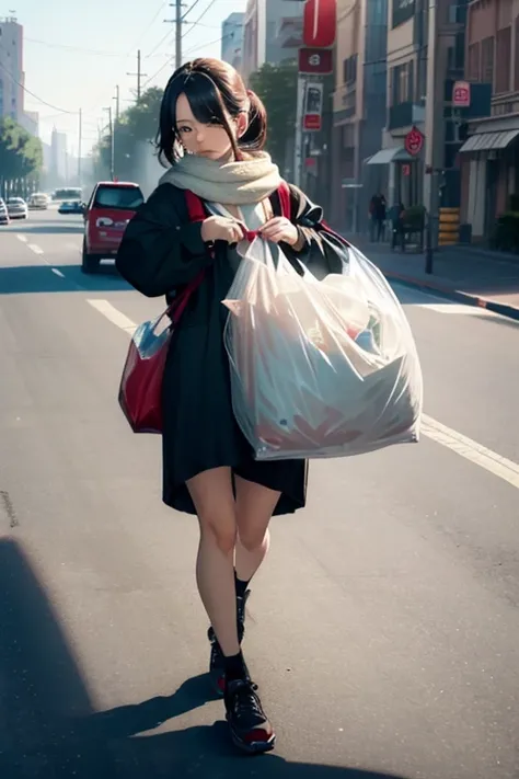 (8K), (best quality), (muste piece: 1.2)　morning、((carrying a big garbage bag))、Sexy married woman going to throw away trash、(chase garbage truck) Flustered expression