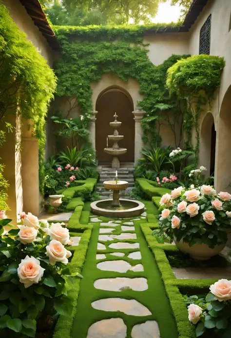 A serene garden resort, a labyrinth of greenery and blooms, stone pathways leading to hidden alcoves, the sound of a trickling fountain harmonizing with the chorus of birds, the air perfumed with the scent of jasmine and roses, a tableau of natural beauty ...